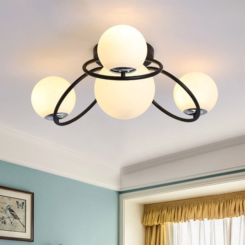 Modern White/Black Flush Mount Ceiling Light With Round Milk Glass Shade - 4-Bulb Bedroom Lighting
