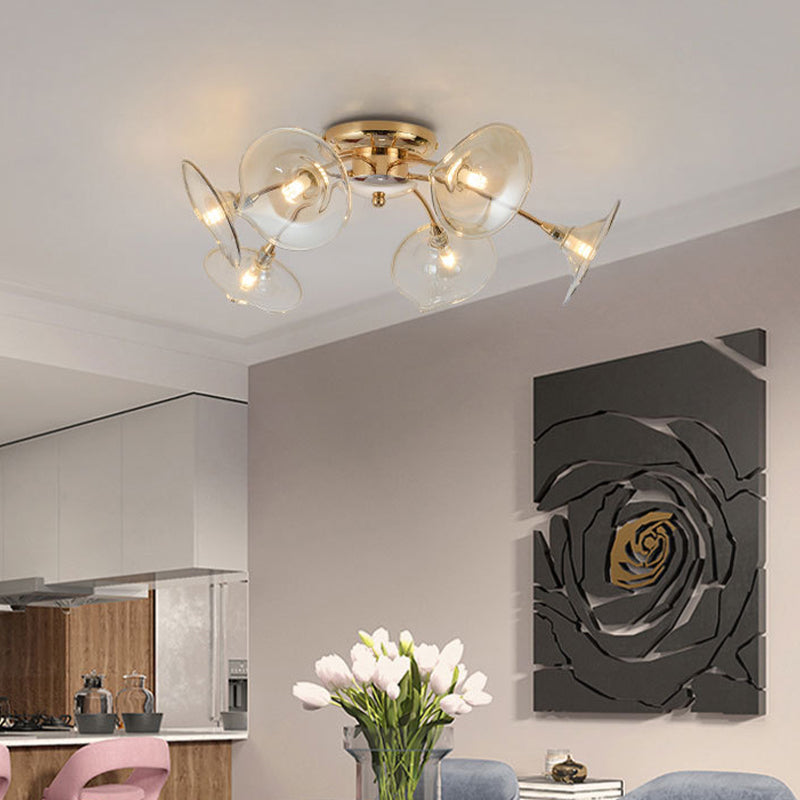 Modern Gold Semi Flush Light With Green/Clear Glass - 6 Bulbs For Living Room