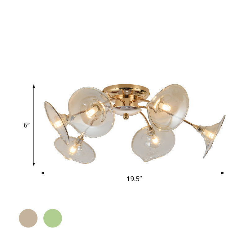 Modern Gold Semi Flush Light With Green/Clear Glass - 6 Bulbs For Living Room