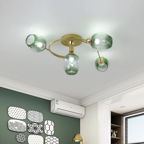 Spiral Semi Flush Mount Light - Modern Iron 4-Head Gold Ceiling Lamp With Green Dimpled Glass Shade