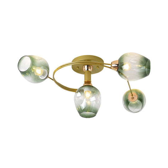 Spiral Semi Flush Mount Light - Modern Iron 4-Head Gold Ceiling Lamp With Green Dimpled Glass Shade
