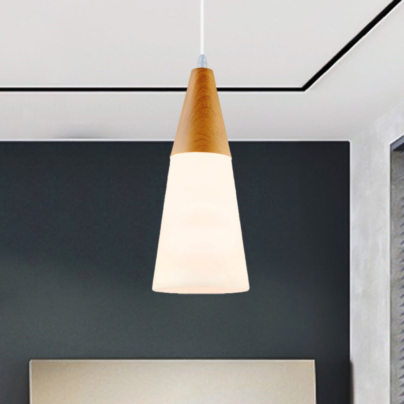Modern White Glass Cone Pendant Light With Wood Cap - 1-Light Hanging Fixture