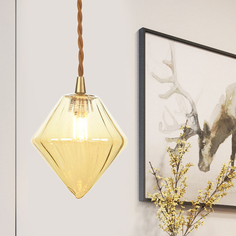 Zeitgenössische Diamant-Pendelleuchte aus bernsteinfarbenem/klarem Glas: Stilvolles Hängelampen-Set mit 1 Lampe für das Esszimmer (3"/4" breit)