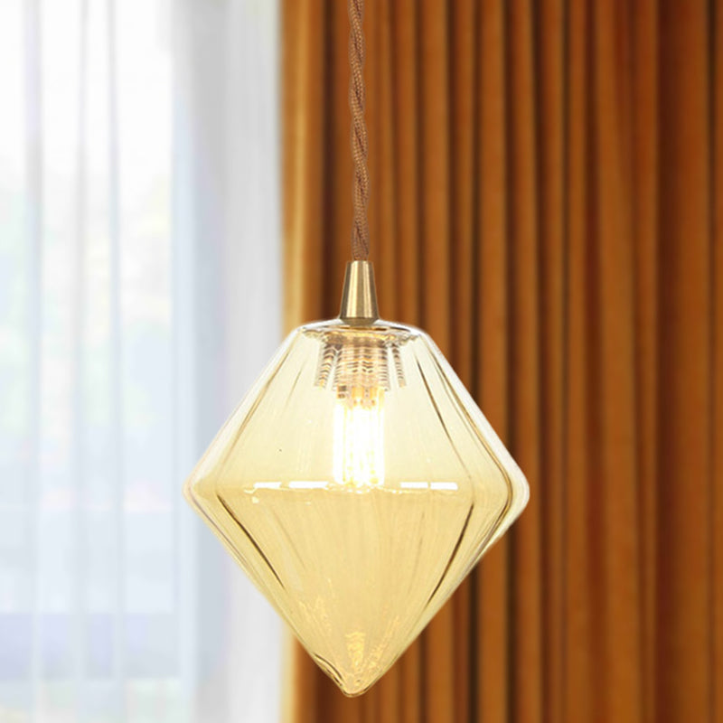 Zeitgenössische Diamant-Pendelleuchte aus bernsteinfarbenem/klarem Glas: Stilvolles Hängelampen-Set mit 1 Lampe für das Esszimmer (3"/4" breit)