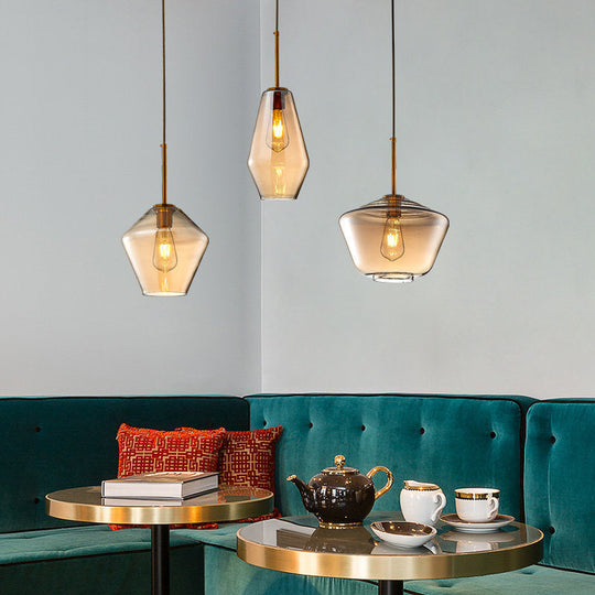 Modern Amber Pendant Lamp For Dining Room - Triangle Drum Cone Glass Shade 1 Light 6.5/9/12 Wide