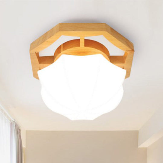 Modern Milk Glass Beige Led Flush Mount Lamp With Wood Canopy - Various Sizes