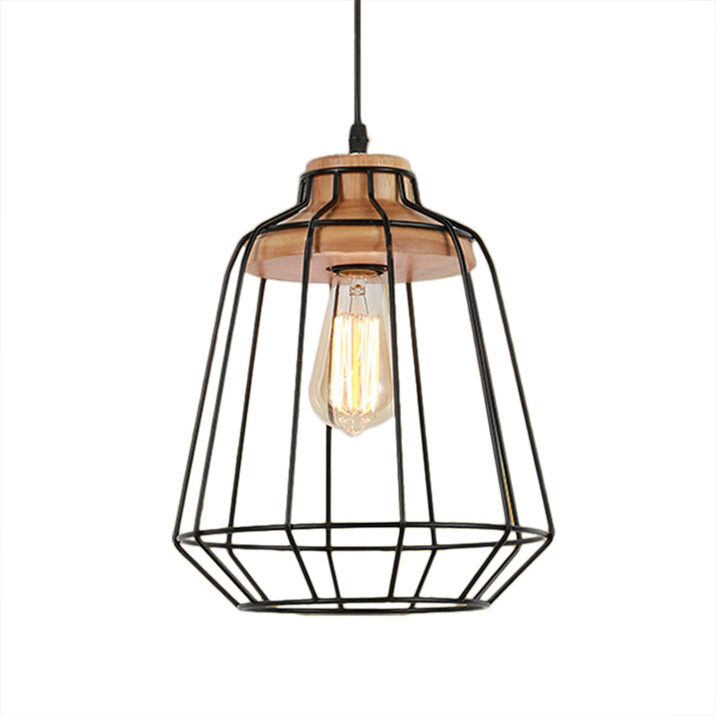 Retro Metal Pendant Light With Barrel/Cylinder Cage Shade - Bedroom Hanging Lamp In Black