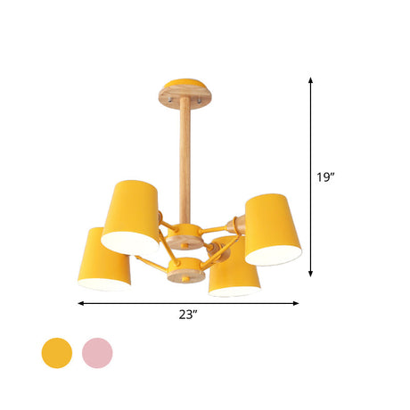 Macaron 4-Light Semi Flush Ceiling Lamp Pink/Yellow Barrel With Wood Rod