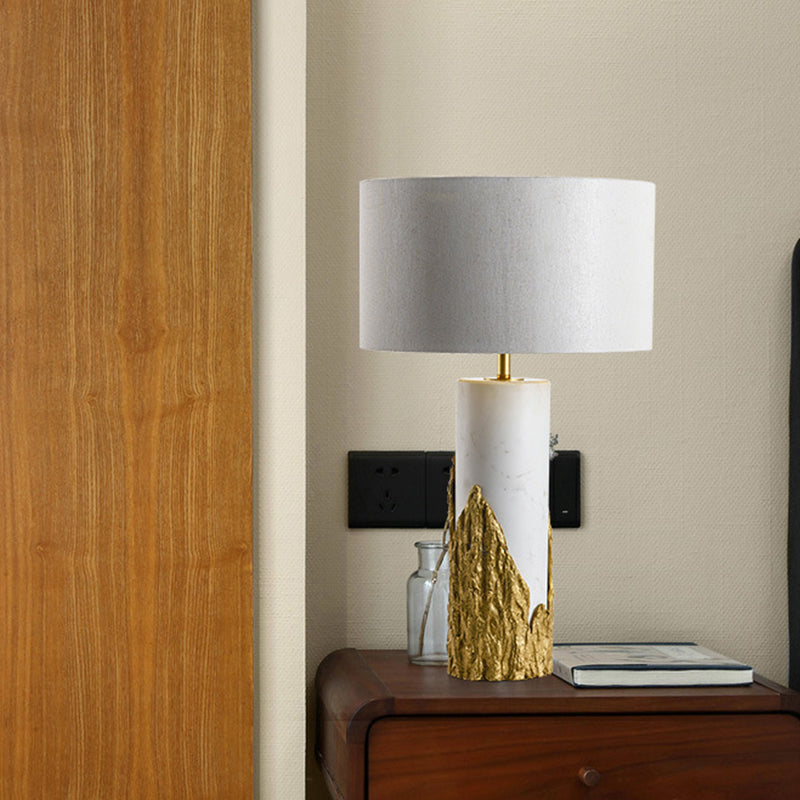 Modern White Nightstand Lamp With Cylinder Fabric Shade - 1 Head Bedside Task Lighting