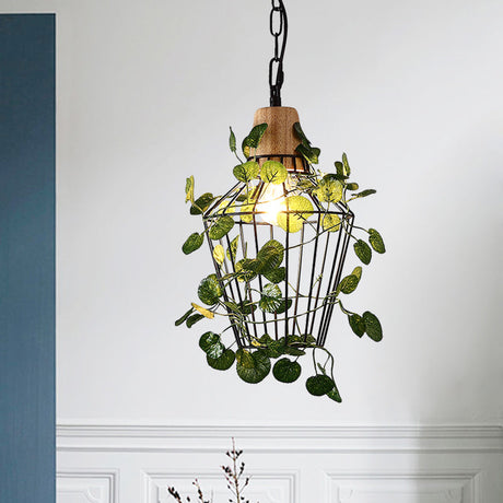 Vintage Black Metal Pendant Lamp With Led Bulb Cage For Restaurants And Plants / D