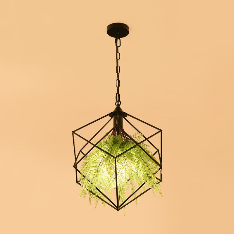 Geometric Plant Hanging Pendant In Black Metal With Led Bulb - 18/21.5 Width Perfect For Restaurants