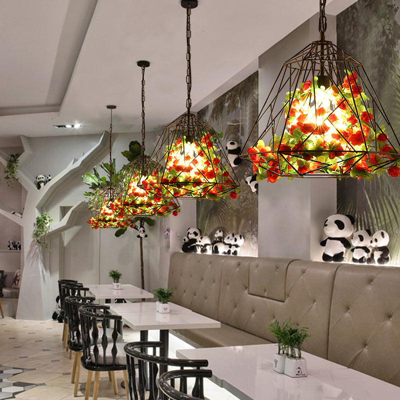 Antique Geometric Pendant Ceiling Light - Metal Led Flower Suspension Lamp In Black