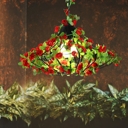 Antique Black/White Metal Cage Hanging Lamp With Flower Decor - Led Suspension Pendant For
