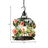 Industrial Metal Birdcage Led Pendant Lamp - Black With Flower Decoration