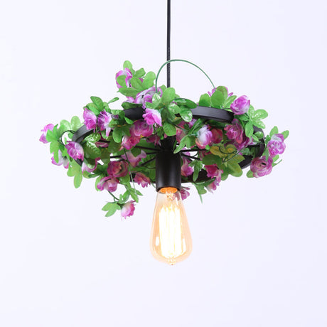 Vintage Black Metal Led Pendant Light Fixture For Restaurant - 1-Head Bare Bulb Flower Hanging Lamp