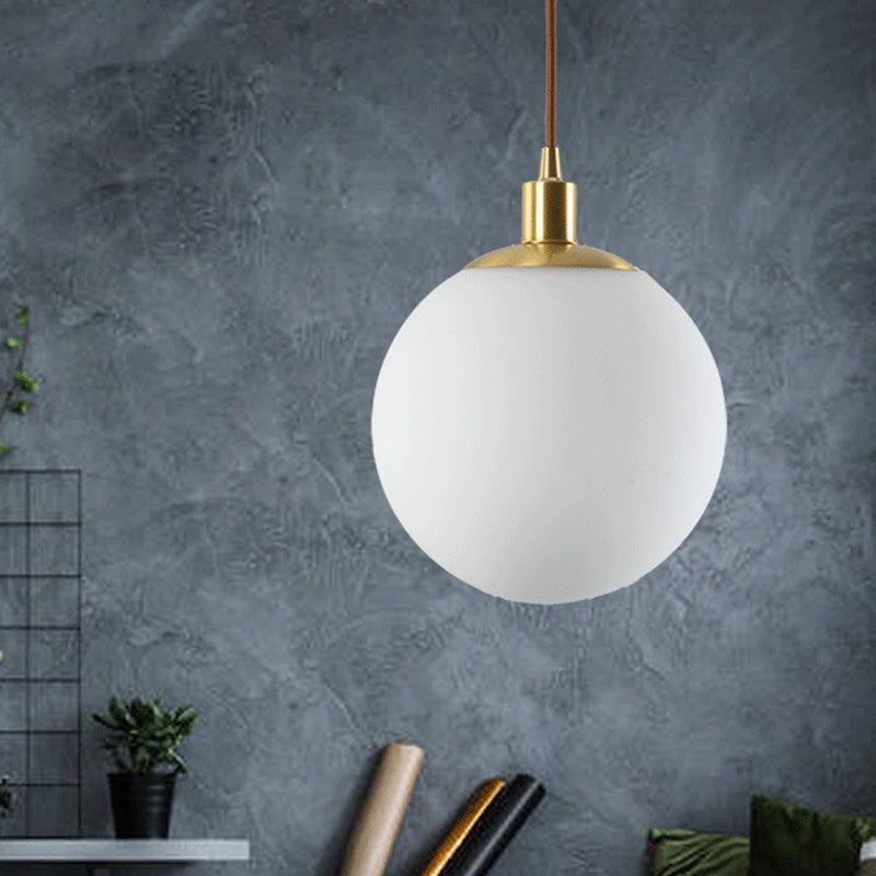 Frosted White Glass Ball Pendant Light - Modern 1-Light Brass Suspension Ceiling Lamp (6/8/10 Width)