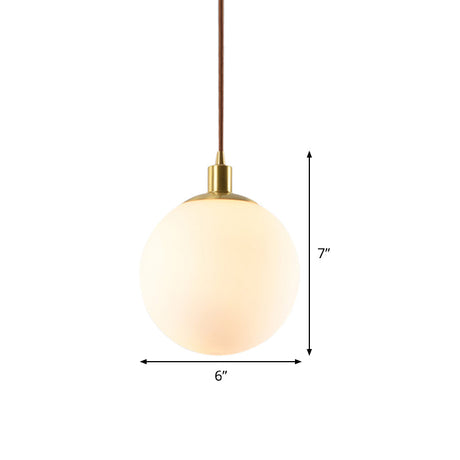 Frosted White Glass Ball Pendant Light - Modern 1-Light Brass Suspension Ceiling Lamp (6/8/10 Width)