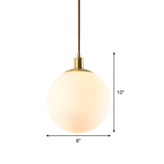 Frosted White Glass Ball Pendant Light - Modern 1-Light Brass Suspension Ceiling Lamp (6/8/10 Width)