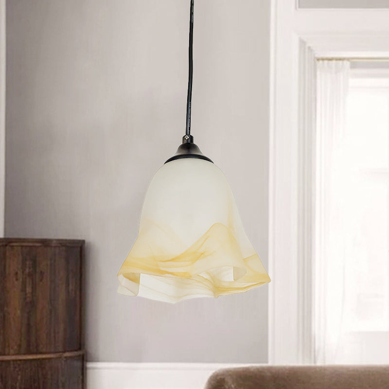 Black Floral Ceiling Hang Light With White Frosted Shade
