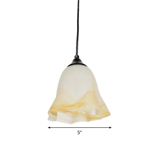 Modern Black Floral Ceiling Hang Fixture With White Frosted Glass Shade - 1-Light Down Light