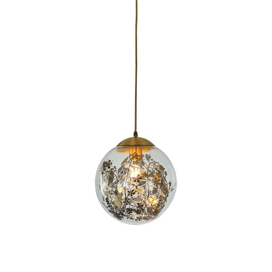 Modern Clear Glass Yellow Ball Pendant Lamp With Shattered Leaves Decoration - 1-Head Ceiling Light