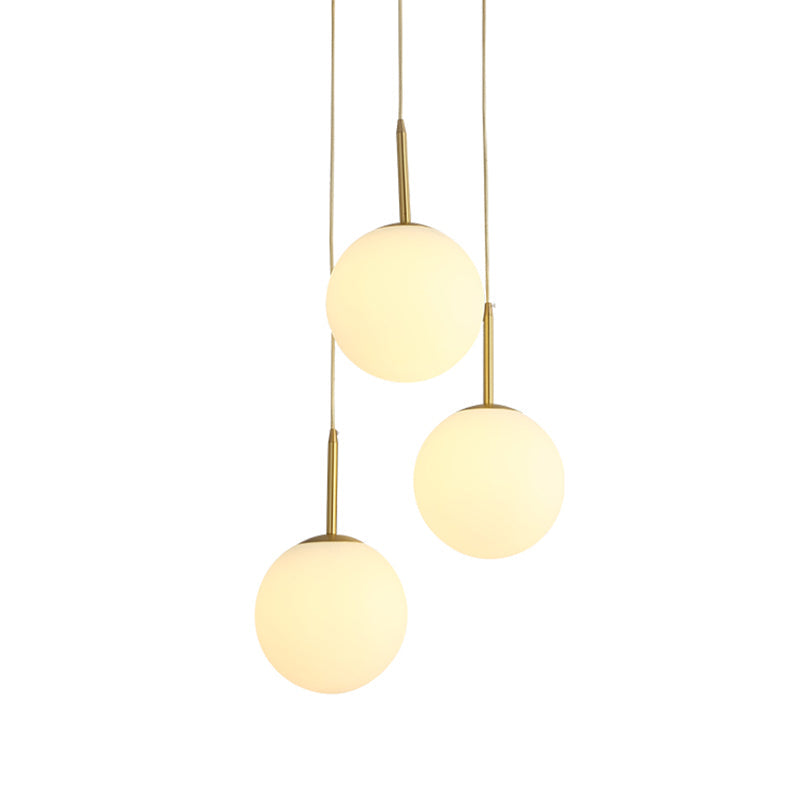 Modern Glass Orb Ceiling Light With 3 Brass Lights - White Pendant Lamp