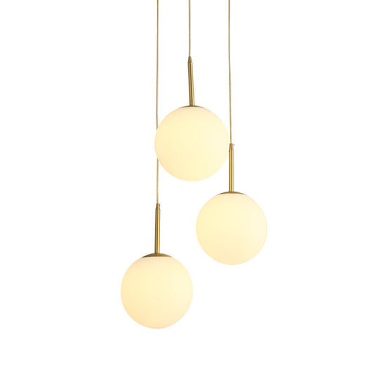 Modern Glass Orb Ceiling Light With 3 Brass Lights - White Pendant Lamp