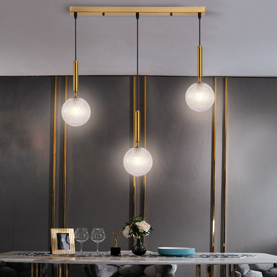 Modern Modo 3-Head Pendant Lamp With Clear Lattice Glass - Dining Room Cluster Light In Brass