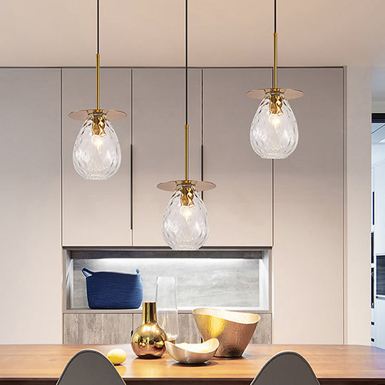 Modern Modo 3-Head Pendant Lamp With Clear Lattice Glass - Dining Room Cluster Light In Brass