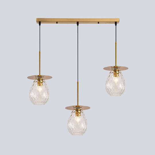 Modern Modo 3-Head Pendant Lamp With Clear Lattice Glass - Dining Room Cluster Light In Brass