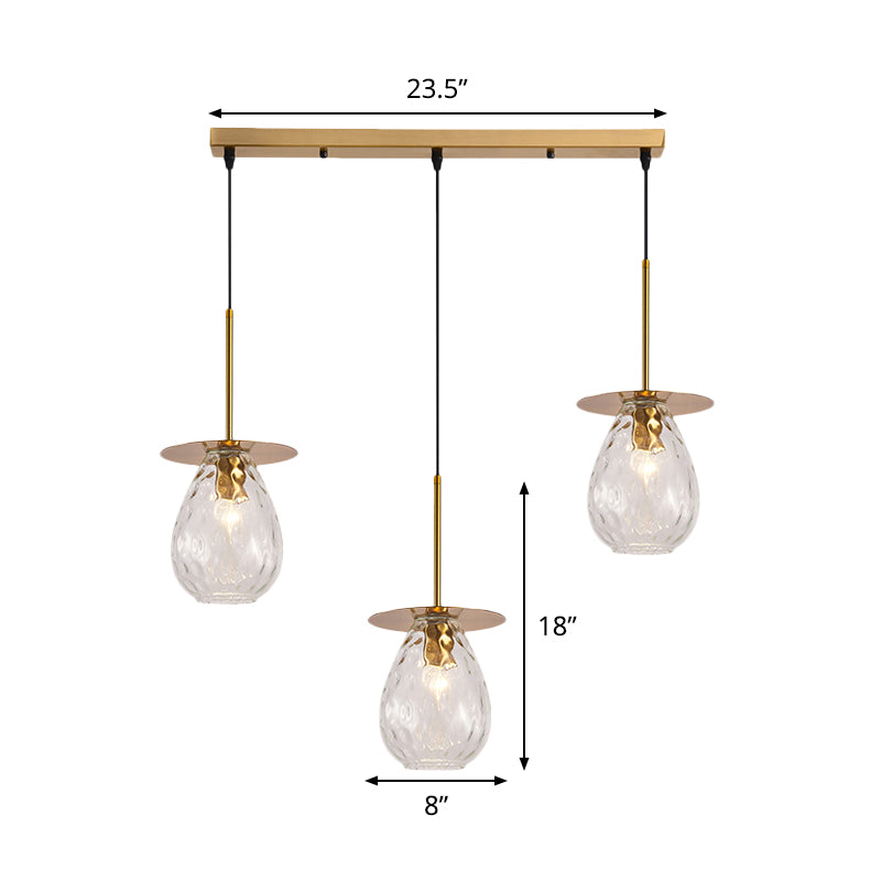 Modern Modo 3-Head Pendant Lamp With Clear Lattice Glass - Dining Room Cluster Light In Brass