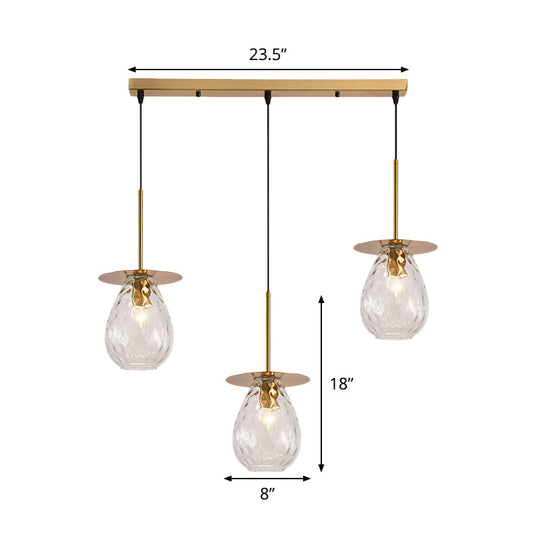 Modo Clear Lattice Glass Pendant Lamp In Brass - Modern 3-Head Dining Room Cluster Light 6/8 Wide