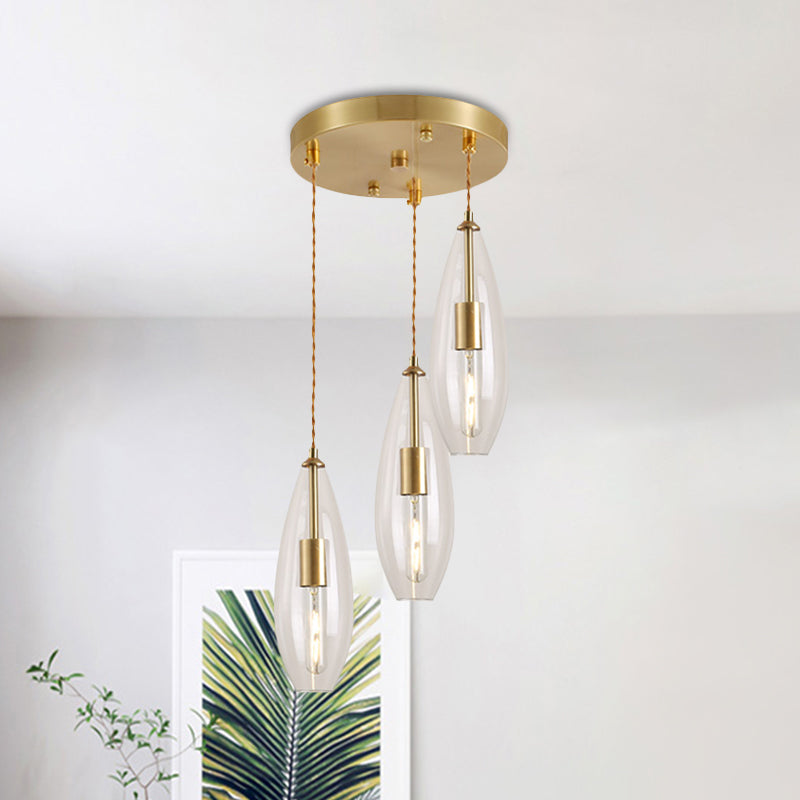 Modern Brass Waterdrop Multi Light Pendant With Clear Glass Suspension - 3 Bulbs | Round Canopy
