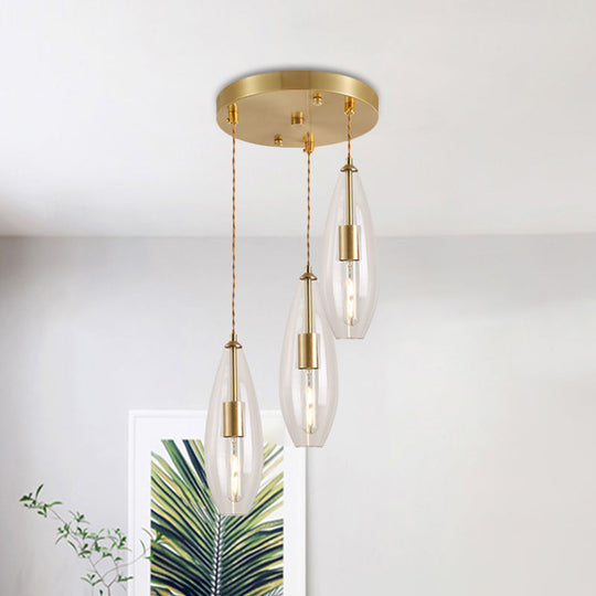 Modern Brass Waterdrop Multi Light Pendant With Clear Glass Suspension - 3 Bulbs | Round Canopy