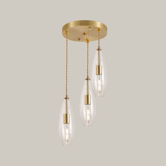 Modern Brass Waterdrop Multi Light Pendant With Clear Glass Suspension - 3 Bulbs | Round Canopy