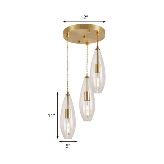 Modern Brass Waterdrop Multi Light Pendant With Clear Glass Suspension - 3 Bulbs | Round Canopy