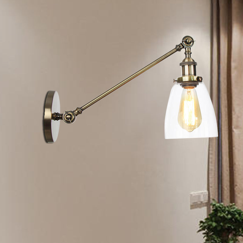 Industrial Style Clear Glass 1-Light Wall Sconce With Arm 8/12 Length - Black/Bronze/Brass Finish