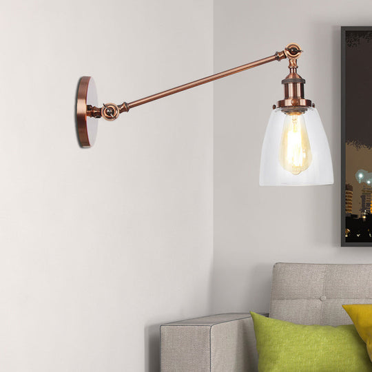 Industrial Style Clear Glass 1-Light Wall Sconce With Arm 8/12 Length - Black/Bronze/Brass Finish