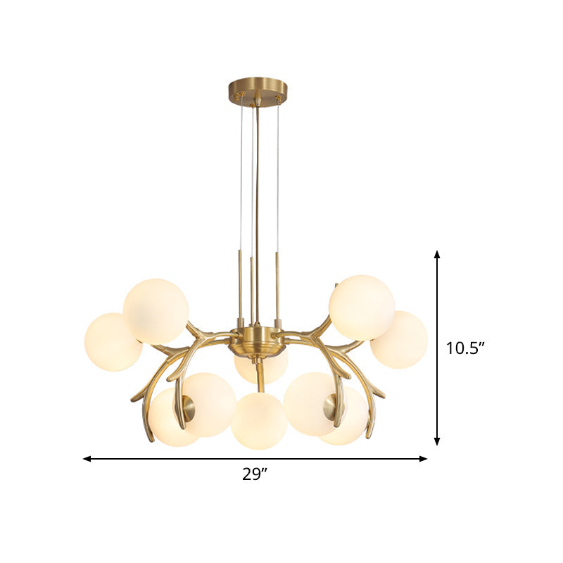 Sleek Modern Brass Pendant Chandelier With 10 White Glass Bulbs For Bedroom Ceiling - Antler Arm