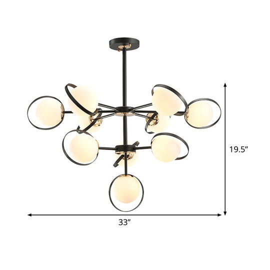 Opal Glass 3-Tier Modo Pendant Chandelier - Modern Black 10-Head Hanging Light With Ring Detail