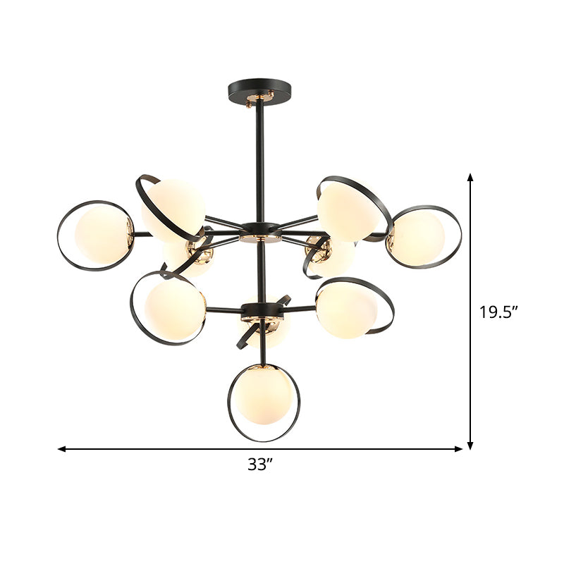 Opal Glass 3-Tier Modo Pendant Lighting Chandelier - Modern 10-Head Black With Ring Detail