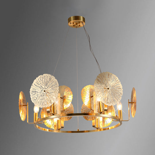 Modern Lotus Leaf Chandelier - Metal 6-Light Brass Hanging Light With Ring Design For Living Room