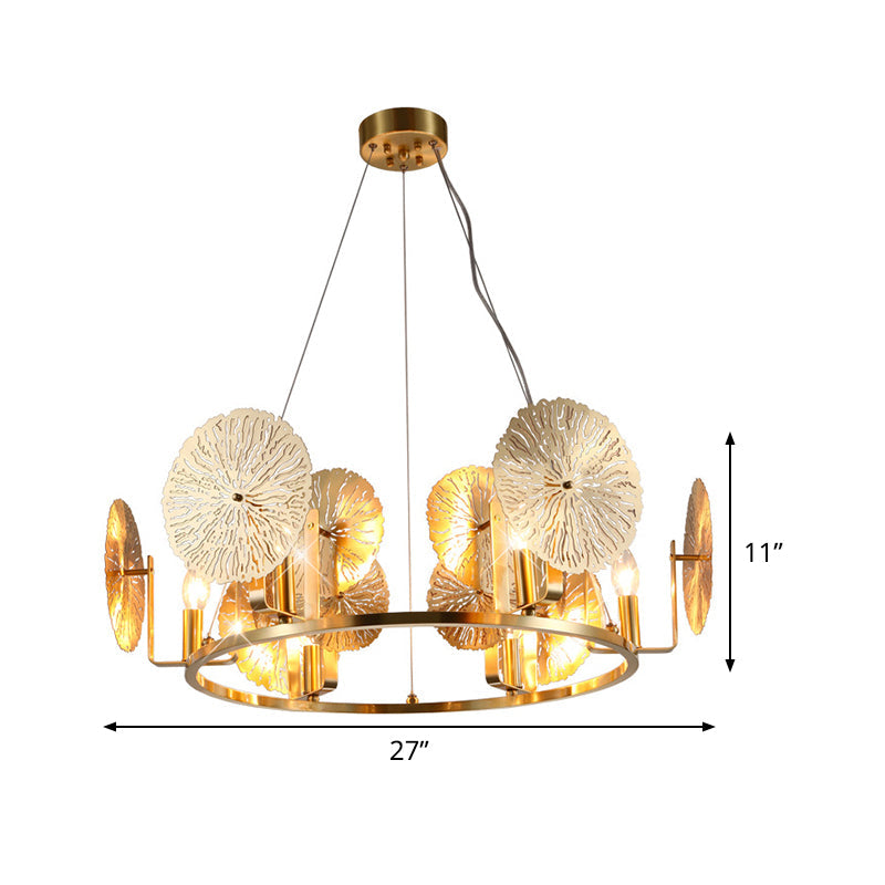Modern Lotus Leaf Chandelier - Metal 6-Light Brass Hanging Light With Ring Design For Living Room