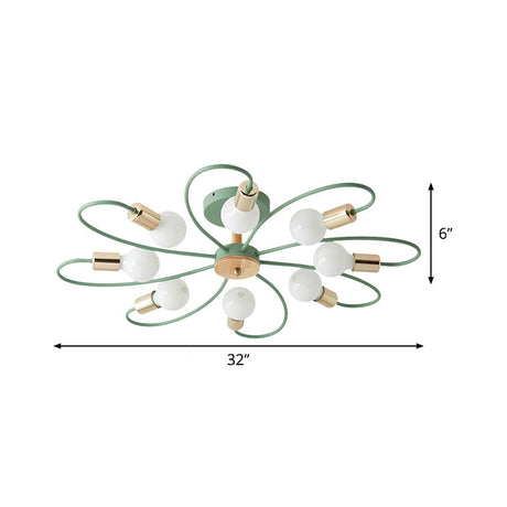 Green Blossom Semi-Flush Mount Ceiling Light With 8 Macaron Bulbs In Metallic Finish