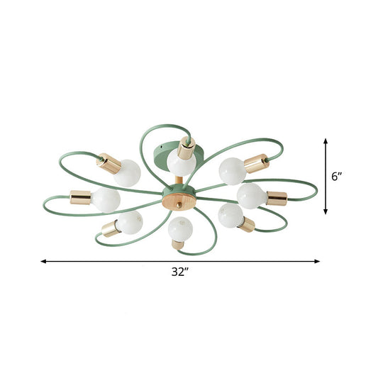 Green Blossom Semi-Flush Mount Ceiling Light With 8 Macaron Bulbs In Metallic Finish