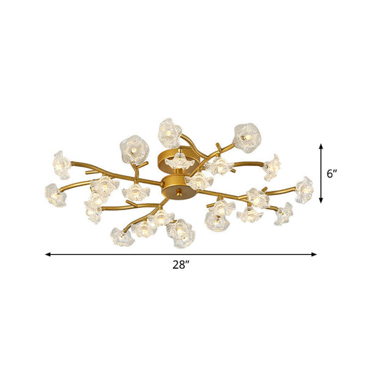Contemporary Floral Semi Flushmount Ceiling Lamp In Brass - 24 - Light Metallic Flush For Bedroom
