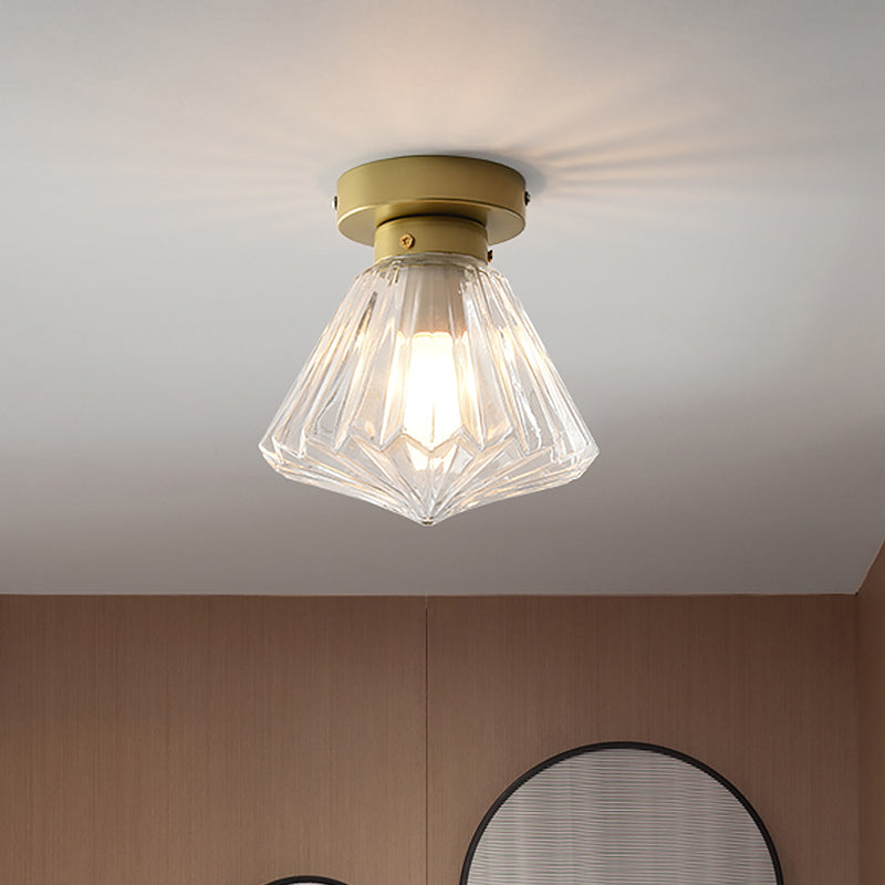 Post Modern Brass Bedroom Flush Mount Light With Prismatic Glass Shade