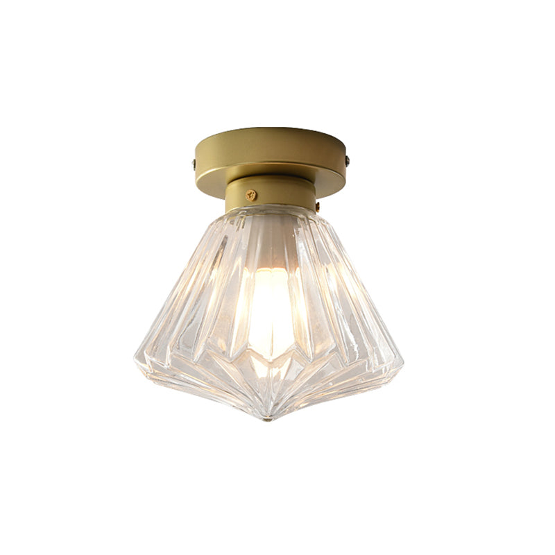 Post Modern Brass Bedroom Flush Mount Light With Prismatic Glass Shade