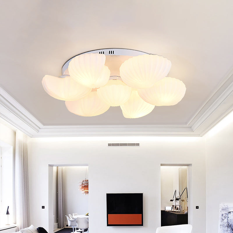 Modern Shell Shape Bedroom Flush Mount Ceiling Light In White Glass Available 3/5/7 Lights