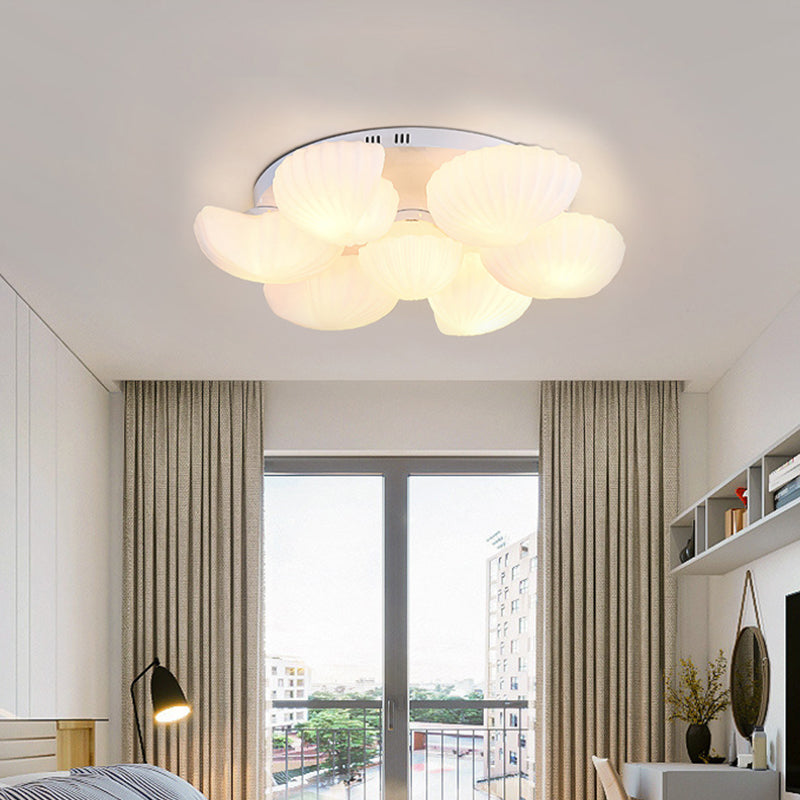 Modern Shell Shape Bedroom Flush Mount Ceiling Light In White Glass Available 3/5/7 Lights